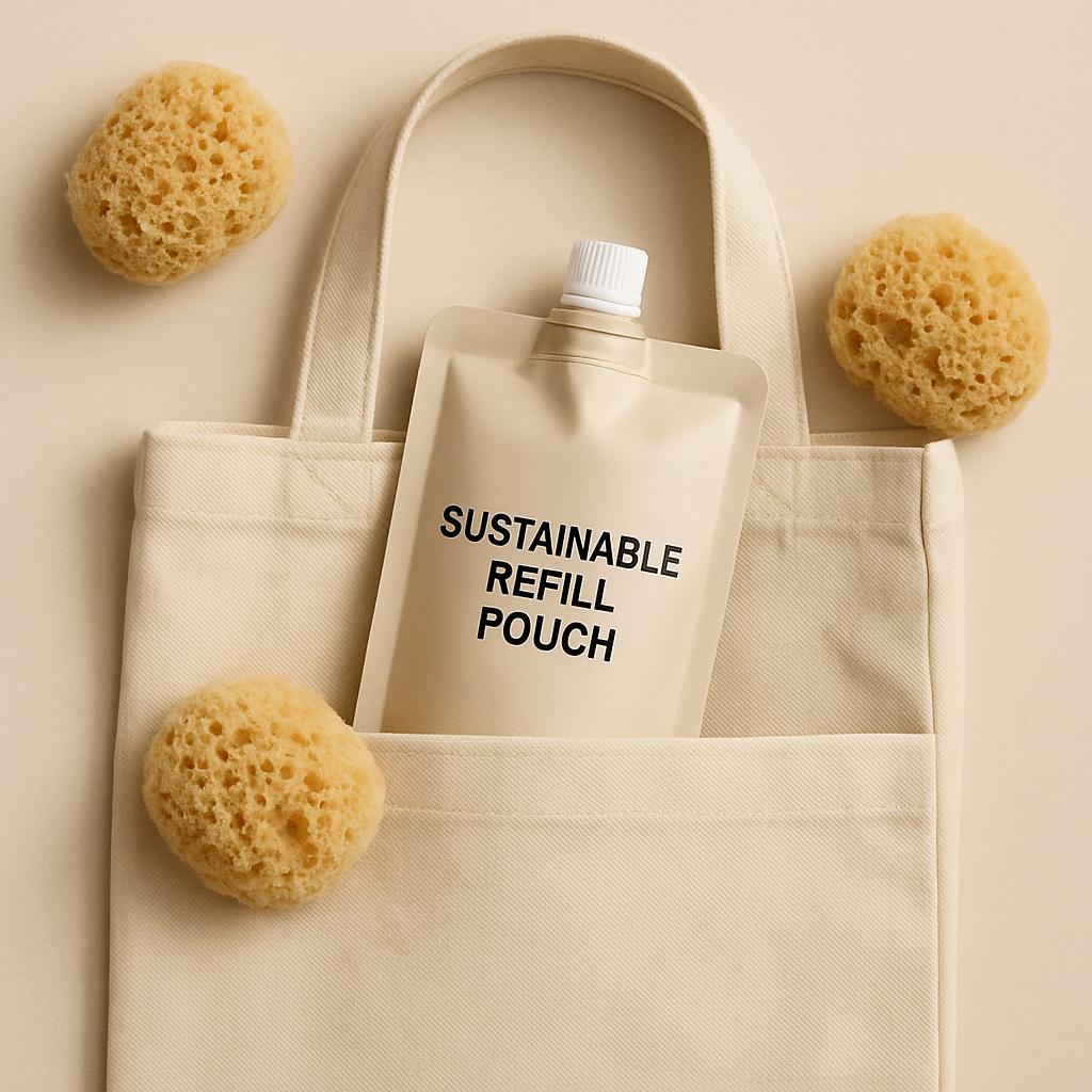 In this image, a cream-colored reusable tote bag, a refill pouch, and two sponges are arranged to showcase sustainable liv...