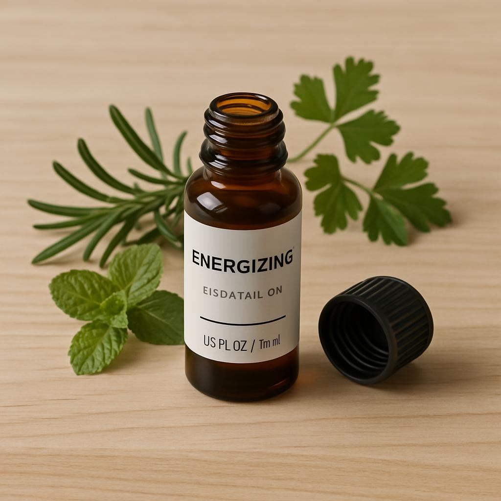 A brown bottle of perfume labeled "energizing" with a black cap, and two sprigs of herbs on a wood surface