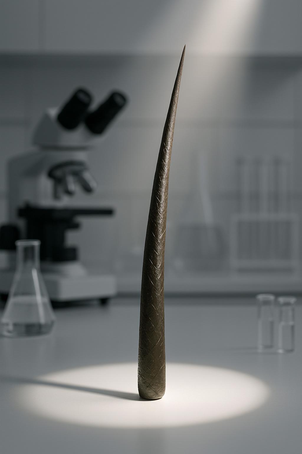 A metal object resembling a unicorn horn casts an image on the floor. The room in the background is blurred behind it, but...